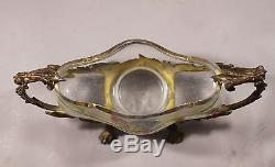 Antique victorian Enameled Iris art glass bowl withGilt metal holder