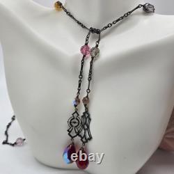 Antique victorian art deco lingerie necklace czech glass AB sterling silver 42in