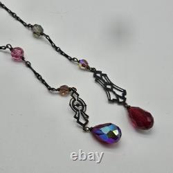 Antique victorian art deco lingerie necklace czech glass AB sterling silver 42in