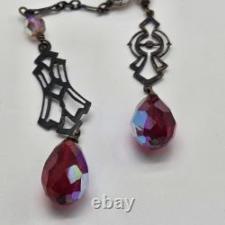 Antique victorian art deco lingerie necklace czech glass AB sterling silver 42in
