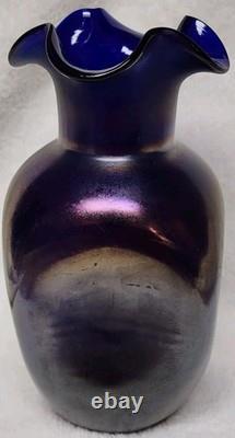 Antiwue LOETZ Cobalt Blue IRIDESCENT GLASS Dimple Vase Quatrafoil Lip 1900S Antiwue LOETZ Cobalt Blue IRIDESCENT GLASS Dimple Vase Quatrafoil Lip 1900S