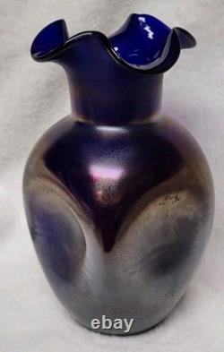 Antiwue LOETZ Cobalt Blue IRIDESCENT GLASS Dimple Vase Quatrafoil Lip 1900S Antiwue LOETZ Cobalt Blue IRIDESCENT GLASS Dimple Vase Quatrafoil Lip 1900S
