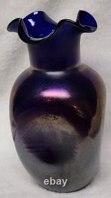 Antiwue LOETZ Cobalt Blue IRIDESCENT GLASS Dimple Vase Quatrafoil Lip 1900S Antiwue LOETZ Cobalt Blue IRIDESCENT GLASS Dimple Vase Quatrafoil Lip 1900S