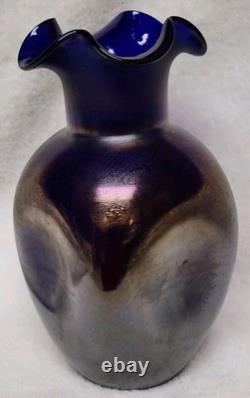 Antiwue LOETZ Cobalt Blue IRIDESCENT GLASS Dimple Vase Quatrafoil Lip 1900S Antiwue LOETZ Cobalt Blue IRIDESCENT GLASS Dimple Vase Quatrafoil Lip 1900S