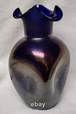Antiwue LOETZ Cobalt Blue IRIDESCENT GLASS Dimple Vase Quatrafoil Lip 1900S Antiwue LOETZ Cobalt Blue IRIDESCENT GLASS Dimple Vase Quatrafoil Lip 1900S