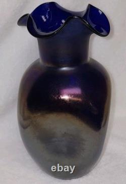 Antiwue LOETZ Cobalt Blue IRIDESCENT GLASS Dimple Vase Quatrafoil Lip 1900S Antiwue LOETZ Cobalt Blue IRIDESCENT GLASS Dimple Vase Quatrafoil Lip 1900S