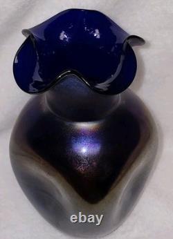 Antiwue LOETZ Cobalt Blue IRIDESCENT GLASS Dimple Vase Quatrafoil Lip 1900S Antiwue LOETZ Cobalt Blue IRIDESCENT GLASS Dimple Vase Quatrafoil Lip 1900S
