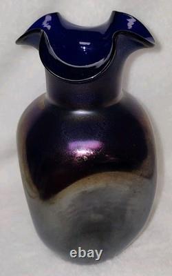 Antiwue LOETZ Cobalt Blue IRIDESCENT GLASS Dimple Vase Quatrafoil Lip 1900S Antiwue LOETZ Cobalt Blue IRIDESCENT GLASS Dimple Vase Quatrafoil Lip 1900S