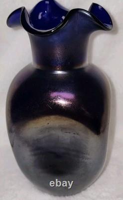 Antiwue LOETZ Cobalt Blue IRIDESCENT GLASS Dimple Vase Quatrafoil Lip 1900S Antiwue LOETZ Cobalt Blue IRIDESCENT GLASS Dimple Vase Quatrafoil Lip 1900S