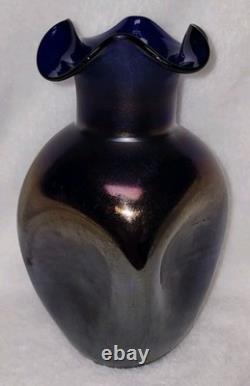 Antiwue LOETZ Cobalt Blue IRIDESCENT GLASS Dimple Vase Quatrafoil Lip 1900S Antiwue LOETZ Cobalt Blue IRIDESCENT GLASS Dimple Vase Quatrafoil Lip 1900S