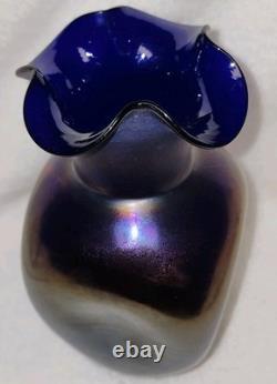 Antiwue LOETZ Cobalt Blue IRIDESCENT GLASS Dimple Vase Quatrafoil Lip 1900S Antiwue LOETZ Cobalt Blue IRIDESCENT GLASS Dimple Vase Quatrafoil Lip 1900S