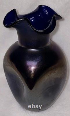 Antiwue LOETZ Cobalt Blue IRIDESCENT GLASS Dimple Vase Quatrafoil Lip 1900S Antiwue LOETZ Cobalt Blue IRIDESCENT GLASS Dimple Vase Quatrafoil Lip 1900S