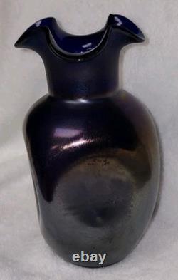 Antiwue LOETZ Cobalt Blue IRIDESCENT GLASS Dimple Vase Quatrafoil Lip 1900S Antiwue LOETZ Cobalt Blue IRIDESCENT GLASS Dimple Vase Quatrafoil Lip 1900S