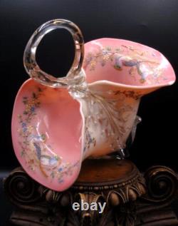 Applied Bohemian Harrach Moser Hand Painted Birds & Floral Art Glass Basket Vase Applied Bohemian Harrach Moser Hand Painted Birds & Floral Art Glass Basket Vase
