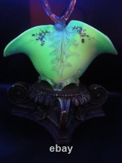 Applied Bohemian Harrach Moser Hand Painted Birds & Floral Art Glass Basket Vase Applied Bohemian Harrach Moser Hand Painted Birds & Floral Art Glass Basket Vase