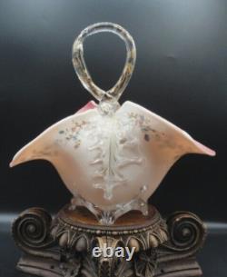 Applied Bohemian Harrach Moser Hand Painted Birds & Floral Art Glass Basket Vase Applied Bohemian Harrach Moser Hand Painted Birds & Floral Art Glass Basket Vase