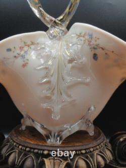 Applied Bohemian Harrach Moser Hand Painted Birds & Floral Art Glass Basket Vase Applied Bohemian Harrach Moser Hand Painted Birds & Floral Art Glass Basket Vase