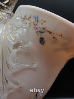 Applied Bohemian Harrach Moser Hand Painted Birds & Floral Art Glass Basket Vase Applied Bohemian Harrach Moser Hand Painted Birds & Floral Art Glass Basket Vase