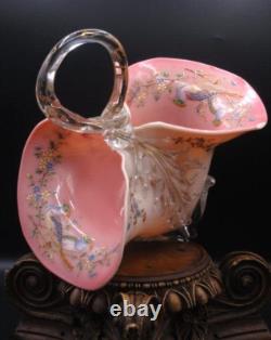 Applied Bohemian Harrach Moser Hand Painted Birds & Floral Art Glass Basket Vase Applied Bohemian Harrach Moser Hand Painted Birds & Floral Art Glass Basket Vase