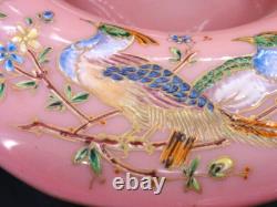 Applied Bohemian Harrach Moser Hand Painted Birds & Floral Art Glass Basket Vase Applied Bohemian Harrach Moser Hand Painted Birds & Floral Art Glass Basket Vase