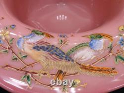 Applied Bohemian Harrach Moser Hand Painted Birds & Floral Art Glass Basket Vase Applied Bohemian Harrach Moser Hand Painted Birds & Floral Art Glass Basket Vase