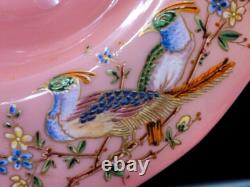 Applied Bohemian Harrach Moser Hand Painted Birds & Floral Art Glass Basket Vase Applied Bohemian Harrach Moser Hand Painted Birds & Floral Art Glass Basket Vase