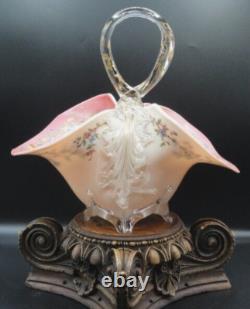 Applied Bohemian Harrach Moser Hand Painted Birds & Floral Art Glass Basket Vase Applied Bohemian Harrach Moser Hand Painted Birds & Floral Art Glass Basket Vase