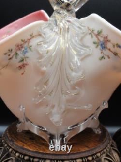 Applied Bohemian Harrach Moser Hand Painted Birds & Floral Art Glass Basket Vase Applied Bohemian Harrach Moser Hand Painted Birds & Floral Art Glass Basket Vase