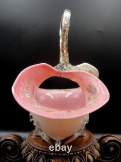 Applied Bohemian Harrach Moser Hand Painted Birds & Floral Art Glass Basket Vase Applied Bohemian Harrach Moser Hand Painted Birds & Floral Art Glass Basket Vase