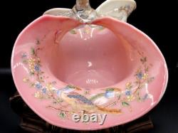 Applied Bohemian Harrach Moser Hand Painted Birds & Floral Art Glass Basket Vase Applied Bohemian Harrach Moser Hand Painted Birds & Floral Art Glass Basket Vase