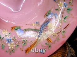 Applied Bohemian Harrach Moser Hand Painted Birds & Floral Art Glass Basket Vase Applied Bohemian Harrach Moser Hand Painted Birds & Floral Art Glass Basket Vase