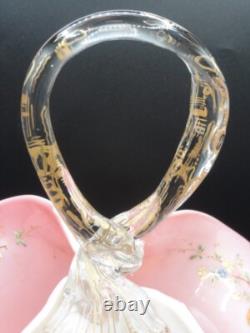 Applied Bohemian Harrach Moser Hand Painted Birds & Floral Art Glass Basket Vase Applied Bohemian Harrach Moser Hand Painted Birds & Floral Art Glass Basket Vase
