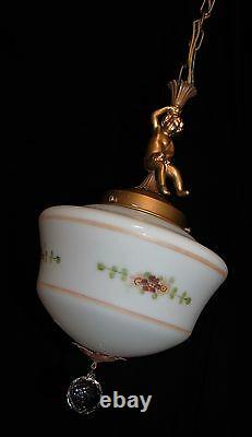 Art Deco Antique Pendant Swag Cherub Glass Shade Ceiling Fixture Chandelier