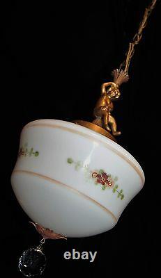 Art Deco Antique Pendant Swag Cherub Glass Shade Ceiling Fixture Chandelier