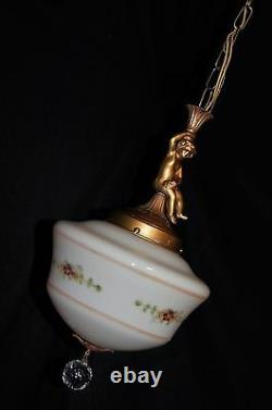 Art Deco Antique Pendant Swag Cherub Glass Shade Ceiling Fixture Chandelier