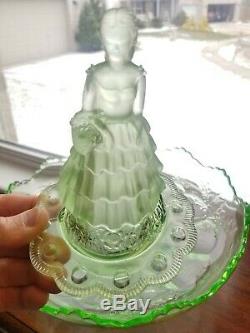 Art Deco Green Depression Glass Victorian Lady Bride Flower Frog & Float Bowl Pr