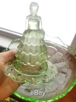 Art Deco Green Depression Glass Victorian Lady Bride Flower Frog & Float Bowl Pr