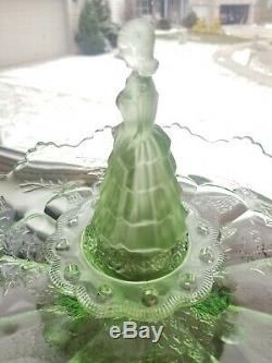 Art Deco Green Depression Glass Victorian Lady Bride Flower Frog & Float Bowl Pr