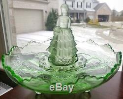 Art Deco Green Depression Glass Victorian Lady Bride Flower Frog & Float Bowl Pr