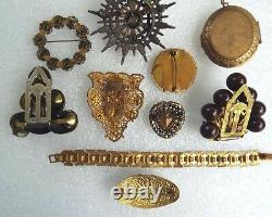 Art Deco Victorian Jewelry Lot Czech Brass Glass Celluloid Pins Clips 10 Pc