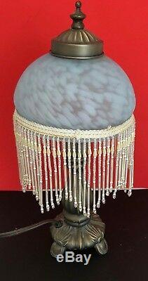 Art Deco beaded blue marbled Glass Lamp Shade Victorian Shabby Chic