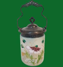 Art Glass Biscuit Jar Hand Painted Metal Handle & Lid Flowers Floral Antique