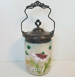 Art Glass Biscuit Jar Hand Painted Metal Handle & Lid Flowers Floral Antique