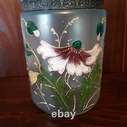 Art Glass Biscuit Jar Hand Painted Metal Handle & Lid Flowers Floral Antique