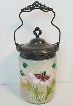 Art Glass Biscuit Jar Hand Painted Metal Handle & Lid Flowers Floral Antique