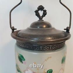 Art Glass Biscuit Jar Hand Painted Metal Handle & Lid Flowers Floral Antique