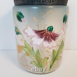 Art Glass Biscuit Jar Hand Painted Metal Handle & Lid Flowers Floral Antique