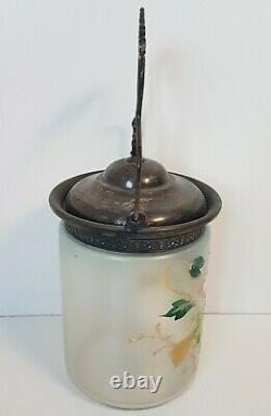 Art Glass Biscuit Jar Hand Painted Metal Handle & Lid Flowers Floral Antique