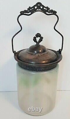 Art Glass Biscuit Jar Hand Painted Metal Handle & Lid Flowers Floral Antique