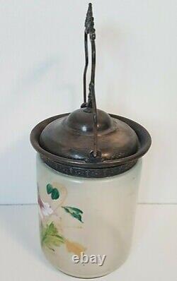 Art Glass Biscuit Jar Hand Painted Metal Handle & Lid Flowers Floral Antique